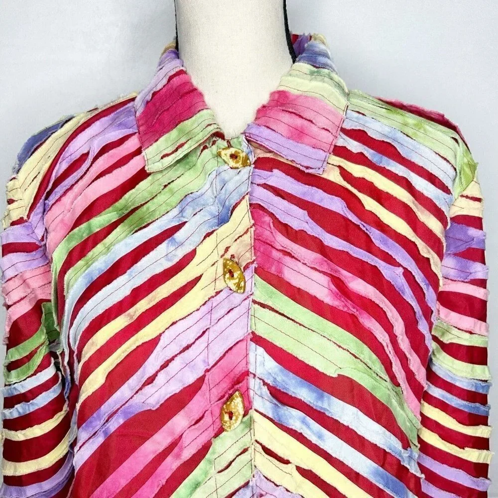 Keren Hart Blazer Jacket Textured Patchwork Stripes Multicolor Sz M Vintage
